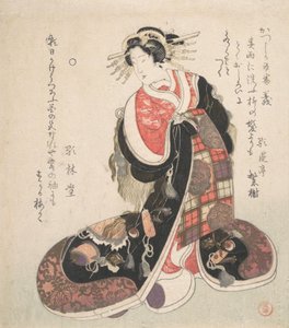 Courtesan klädd i en utarbetad klänning broderad med emblem av lycka, ca. 1800. av Kubo Shunman