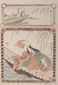 Kurtisan i antik dräkt sittande i en båt, 1800-talet.