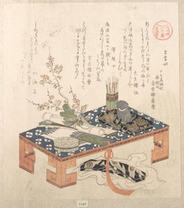 ”Skrivbord med skrivsaker och plommonblommor”, ur serien Ise-kalendrar för Asakusa-gruppen (Asakusa-gawa Ise goyomi)
Ur samlingen ”Vårregn” (Harusame shū), vol. 2