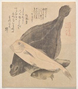 Flundra, Tilefish och Three Crucian Carp, från serien Tosa Diary (Tosa nikki) av Kubo Shunman