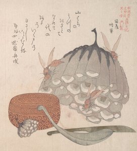 Bikupor med getingar och en låda med sked för honung, 1800-talet. av Kubo Shunman