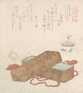 Brevlåda med brev och krukblomma, 1800-tal. av Kubo Shunman