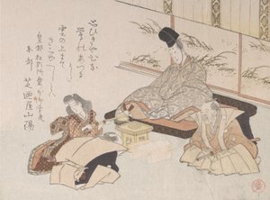 Adelsman tar emot en humoristisk dikt från Kyoka..., 1800-talet. av Kubo Shunman