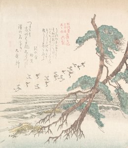 Havsnära landskap med tallar och flygande tranor, 1800-talet. av Kubo Shunman
