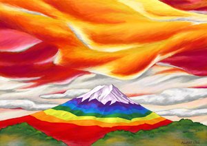 Regnbågsfärgat Fuji-berg omgivet av rött och orange , 2023 (digital målning)