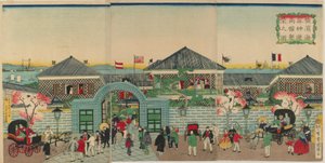 Bild på välståndet för merkantila anläggningar längs Nakadouri på Yokohama, Meiji-eran, 1870 (träblock i färg) av Kuniteru II Utagawa