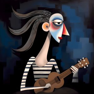3D-kvinnastrubadur med sin gitarr i nattmånens ljus 2