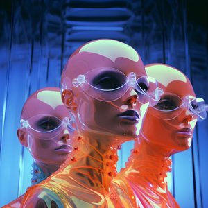 6 kvinnor med 3d parametriska fluorescerande plastmasker i en surrealistisk och parametrisk framtidsarkitektur, 1