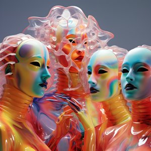 6 kvinnor med 3d parametriska fluorescerande plastmasker i en surrealistisk och parametrisk framtidsarkitektur, 2