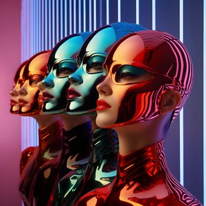 6 kvinnor med 3d parametriska fluorescerande plastmasker i en surrealistisk och parametrisk framtidsarkitektur, 3