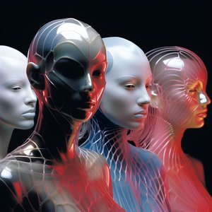6 kvinnor med 3d parametriska fluorescerande plastmasker i en surrealistisk och parametrisk framtidsarkitektur, 4