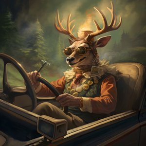 Ett rådjur med en cigarr i munnen som kör en cabriolet bil 1