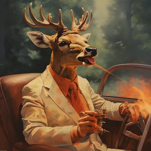 Ett rådjur med en cigarr i munnen som kör en cabriolet bil 2