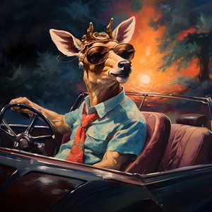 Ett rådjur med en cigarr i munnen som kör en cabriolet bil 4