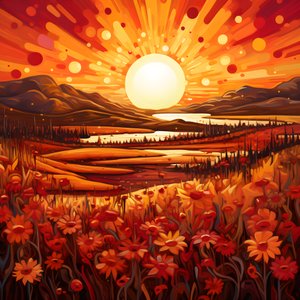Abstrakt landskapskonst som presenterar ett fält av vilda blommor och en djärv röd sol. 2