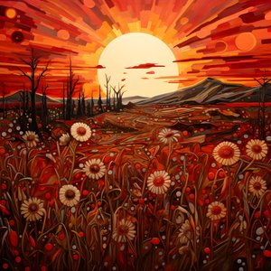 Abstrakt landskapskonst som presenterar ett fält av vilda blommor och en djärv röd sol. 3