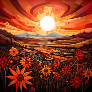 Abstrakt landskapskonst som presenterar ett fält av vilda blommor och en djärv röd sol. 4