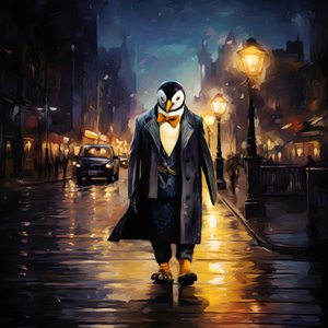 En pingvin i kostym springer nerför gatan 3