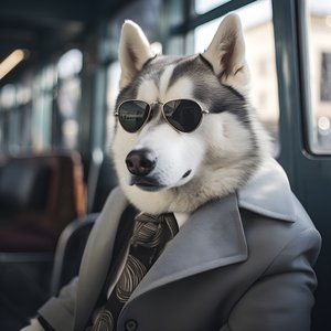En Siberian Husky-hund i kostym och solglasögon på busstationen, som en gentleman 1