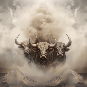 En fraktal abstrakt canvasmålning, beige vit rökstruktur. 3 svarta tjurar dyker upp ur röken med berget Ararat vid horisonten. Poser påminner om tjurar på Wall Street i New York. 1