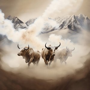 En fraktal abstrakt canvasmålning, beige vit rökstruktur. 3 svarta tjurar dyker upp ur röken med berget Ararat vid horisonten. Poser påminner om tjurar på Wall Street i New York. 4