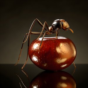 En brun myra klättrar på ett stort äpple 4