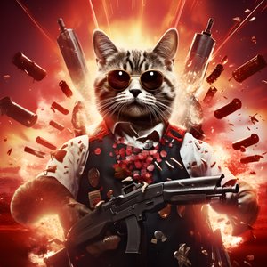 Filmaffisch av en katt som bär en svart och vit prickig skjorta och glänsande solglasögon med explosioner och kanoner i bakgrunden 1