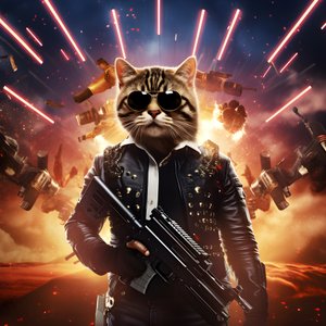 Filmaffisch av en katt som bär en svart och vit prickig skjorta och glänsande solglasögon med explosioner och kanoner i bakgrunden 2