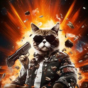 Filmaffisch av en katt som bär en svart och vit prickig skjorta och glänsande solglasögon med explosioner och kanoner i bakgrunden 3