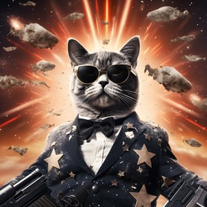 Filmaffisch med en katt som bär en svartvit prickig skjorta och glänsande solglasögon, med explosioner och kanoner i bakgrunden 4