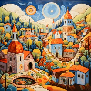 Målning av en bulgarisk by, ortodox kyrka 4