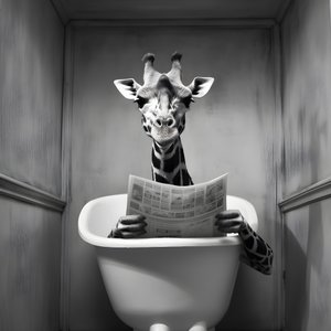 Glad giraff sitter på toaletten med tidning 1