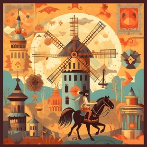 Bakgrund Don Quijote längst till höger på sin åsna liten som en skugga, framför väderkvarnarna, en passande bakgrund 1