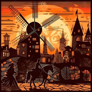 Bakgrund Don Quijote längst till höger på sin åsna liten som en skugga, framför väderkvarnarna, en passande bakgrund 4
