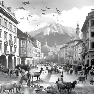 Innsbruck i ett gammalt fotografi med eleganta zebror, måsar, apor och lerfigurer. 2