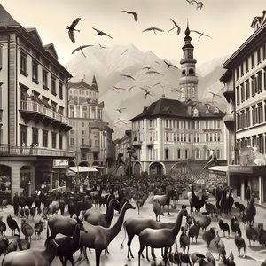 Innsbruck i ett gammalt fotografi med eleganta zebror, måsar, apor och lerfigurer. 4
