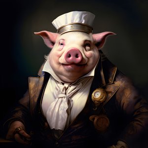 Kall och dominerande antropomorf grisplantageägare, genomträngande ögon, fet knubbig kropp, cigarr i handen, utsökt chic sydlig vit kostym och väst, fickur på en kedja, monokel, vit filthatt, närbild
