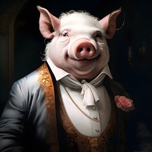 Kall och dominerande antropomorf grisplantageägare, genomträngande ögon, fet knubbig kropp, cigarr i handen, utsökt chic sydlig vit kostym och väst, fickur på en kedja, monokel, vit filthatt, närbild