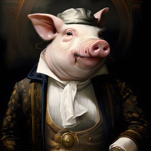 Kall och dominerande antropomorf grisplantageägare, genomträngande ögon, fet knubbig kropp, cigarr i handen, utsökt chic sydlig vit kostym och väst, fickur på en kedja, monokel, vit filthatt, närbild