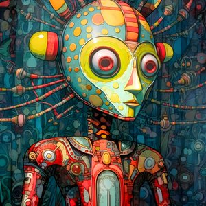 Carnival Cajun Swamp Mutant Sci-Fi Droid, i konstnärlig stil av Tim Burton och Beksinski 2
