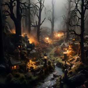 Miniatyr tilt-shift Halloween-skog med dimmiga träd och en kuslig atmosfär 2