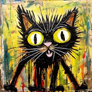 Neo-expressionism av en tecknad katt som tittar upp på något nyfiket 1