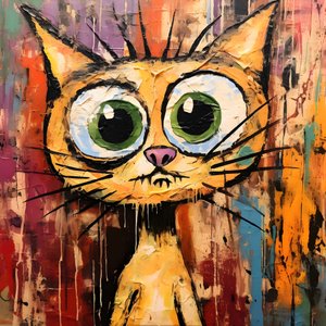 Neo-expressionism av en tecknad katt som tittar upp på något nyfiket 3