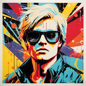 Popkonstporträtt, halvkropp, Färgglad, grafisk, Morgon, i stil med Andy Warhol, Roy Lichtenstein, Robert Rauschenberg, Jasper Johns, Keith Haring 1