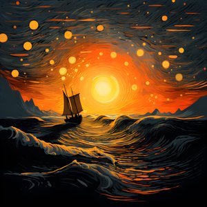 Solnedgång, orange-gul sol, moln, fem roterande cirklar av moln på en stor himmel, exakta vågor och orange-gula solnedgångsmoln som reflekteras på vågorna, en båt går ut till havet 1
