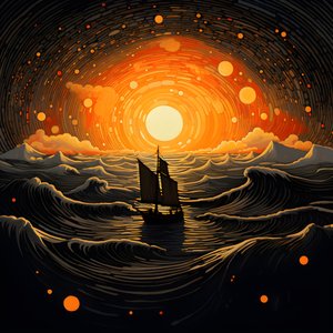 Solnedgång, orangegul sol, moln, fem roterande cirklar av moln på en stor himmel, prickiga vågor och orangegula moln som speglar sig i vågorna, en båt som seglar ut på havet 3