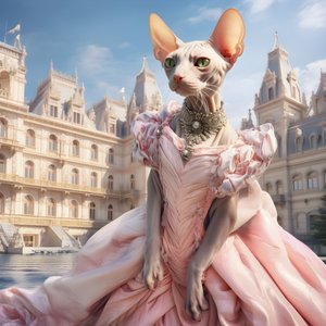 Sphynx-katt i balklänning mot bakgrund av ett magnifikt medeltida palats 2