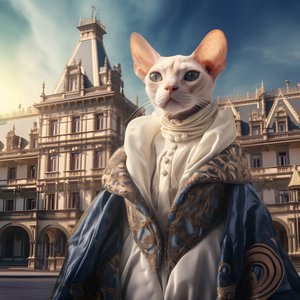 Sphynx-katt i balklänning mot bakgrund av ett magnifikt medeltida palats 4