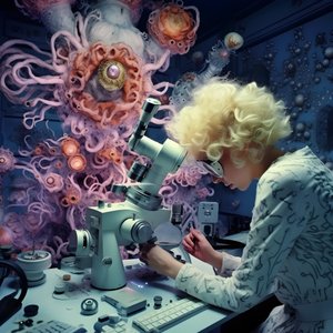 Superupplöst elektronmikroskop skott av kvinna i konstnärlig stil av David LaChapelle 1