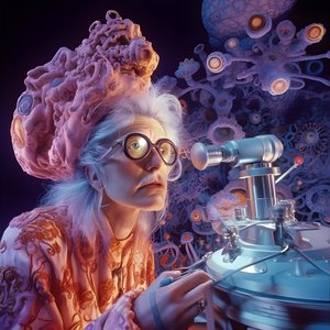 Superupplöst elektronmikroskop skott av kvinna i konstnärlig stil av David LaChapelle 2
